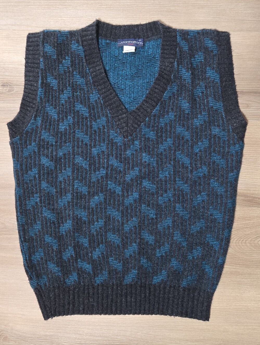 Vintage Men's V-Neck Sweater Vest in Charcoal & Teal